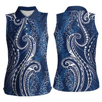 Polynesia Plumeria Lei Women Sleeveless Polo Shirt Navy Blue Curves Motif