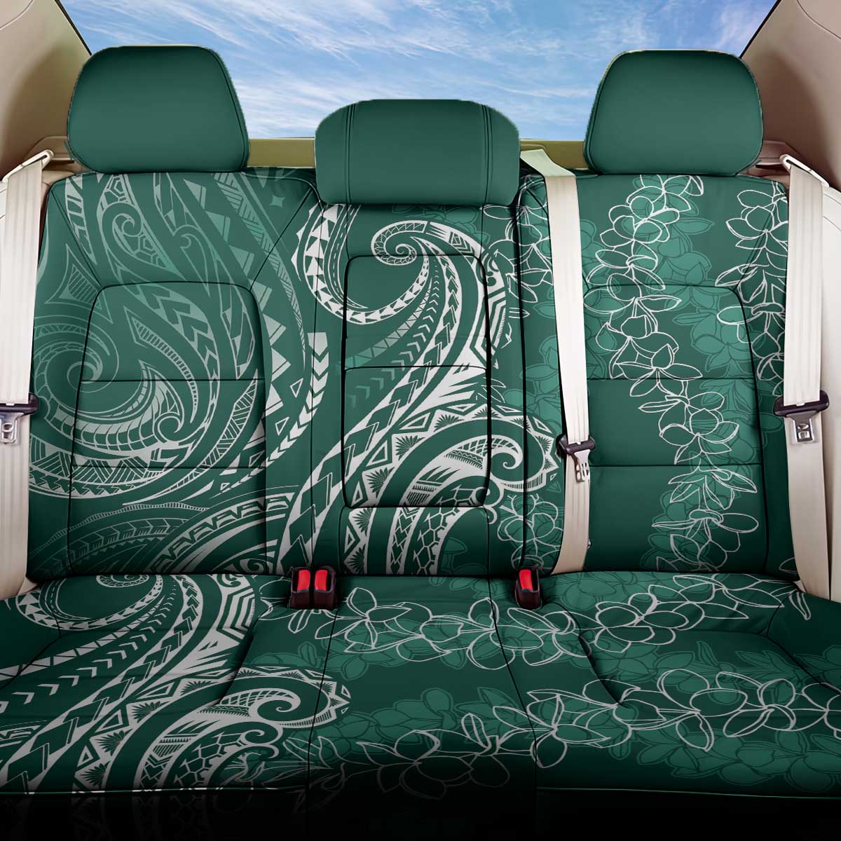Polynesia Plumeria Lei Back Car Seat Cover Sage Green Curves Motif