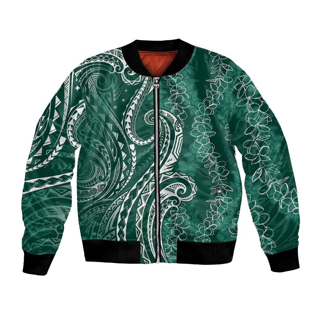 Polynesia Plumeria Lei Bomber Jacket Sage Green Curves Motif