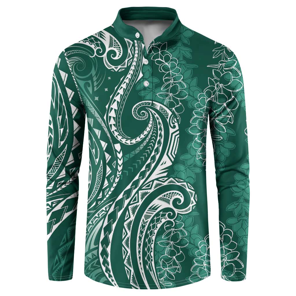 Polynesia Plumeria Lei Button Sweatshirt Sage Green Curves Motif LT7 Dark Green - Polynesian Pride