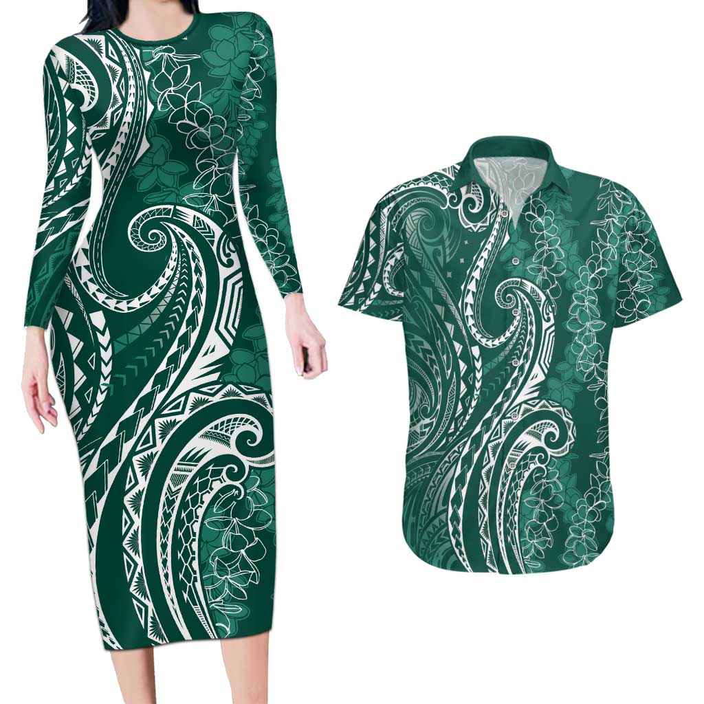 Polynesia Plumeria Lei Couples Matching Long Sleeve Bodycon Dress and Hawaiian Shirt Sage Green Curves Motif LT7 Dark Green - Polynesian Pride