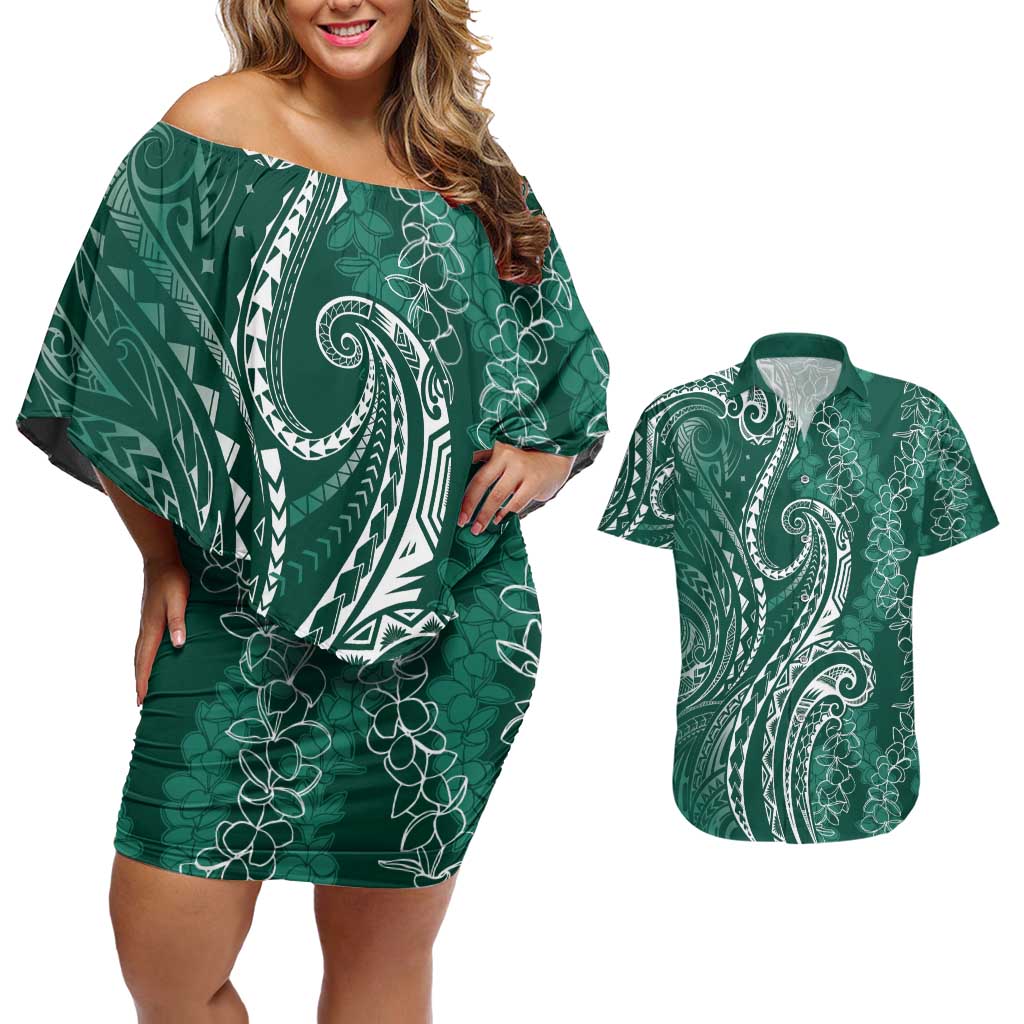 Polynesia Plumeria Lei Couples Matching Off Shoulder Short Dress and Hawaiian Shirt Sage Green Curves Motif LT7 Dark Green - Polynesian Pride