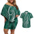 Polynesia Plumeria Lei Couples Matching Off Shoulder Short Dress and Hawaiian Shirt Sage Green Curves Motif