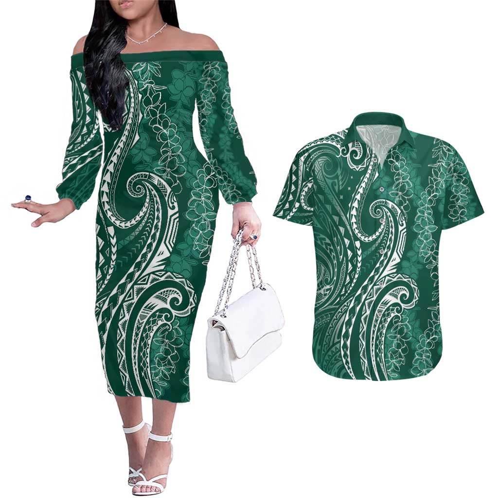 Polynesia Plumeria Lei Couples Matching Off The Shoulder Long Sleeve Dress and Hawaiian Shirt Sage Green Curves Motif LT7 Dark Green - Polynesian Pride