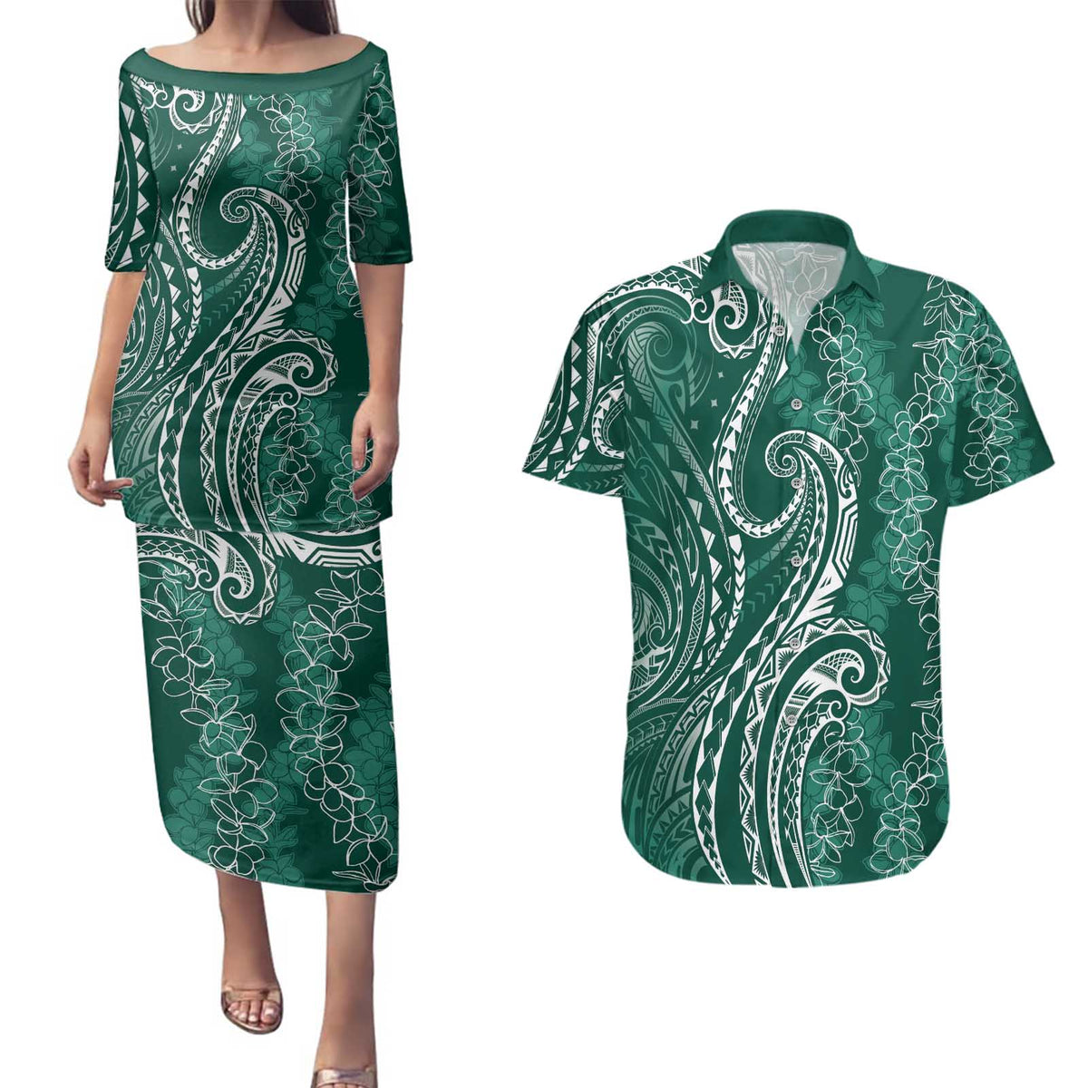 Polynesia Plumeria Lei Couples Matching Puletasi and Hawaiian Shirt Sage Green Curves Motif LT7 Dark Green - Polynesian Pride