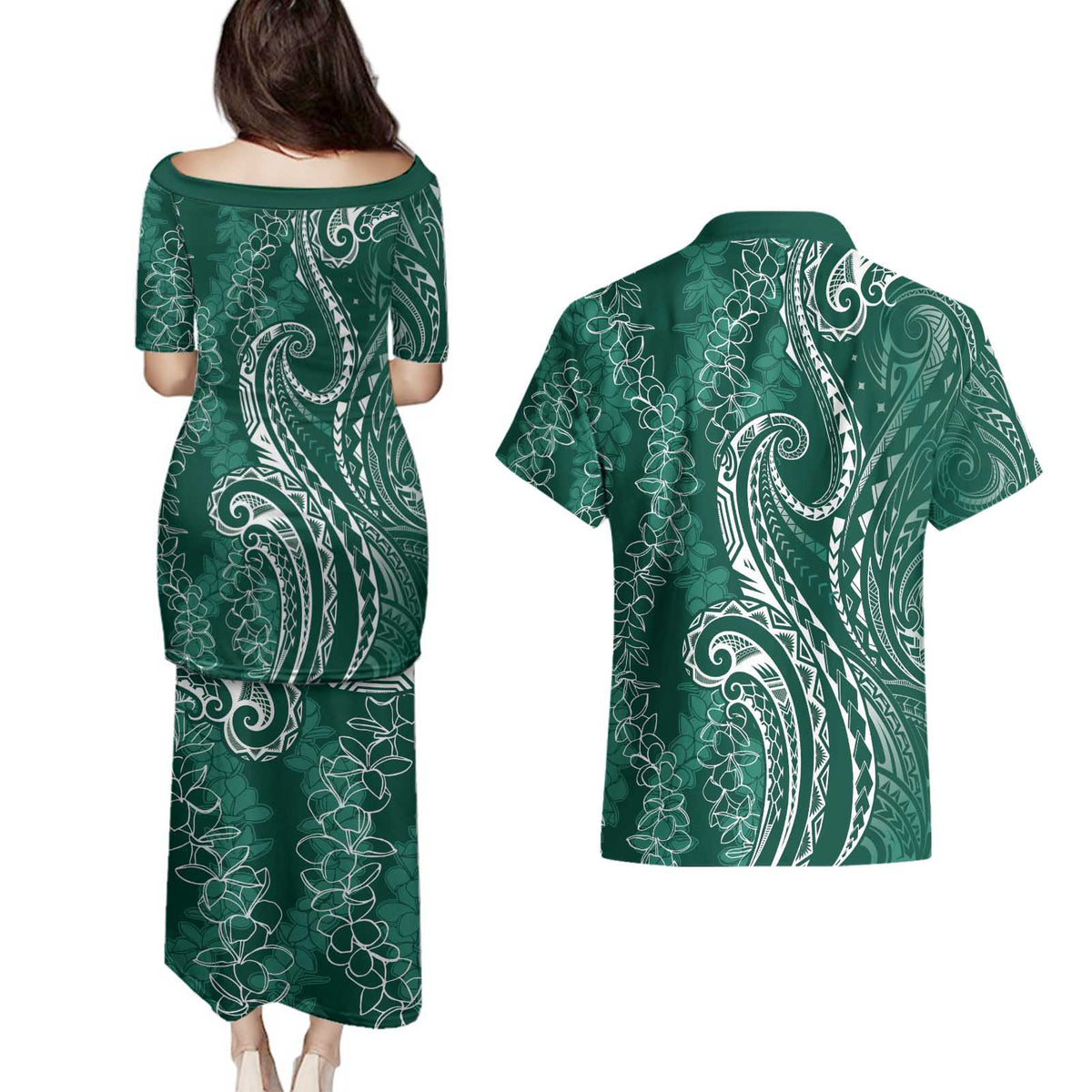 Polynesia Plumeria Lei Couples Matching Puletasi and Hawaiian Shirt Sage Green Curves Motif LT7 - Polynesian Pride