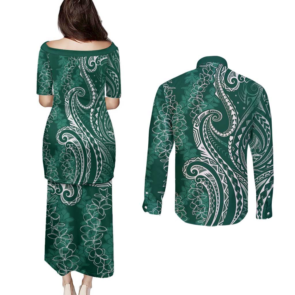 Polynesia Plumeria Lei Couples Matching Puletasi and Long Sleeve Button Shirt Sage Green Curves Motif LT7 - Polynesian Pride