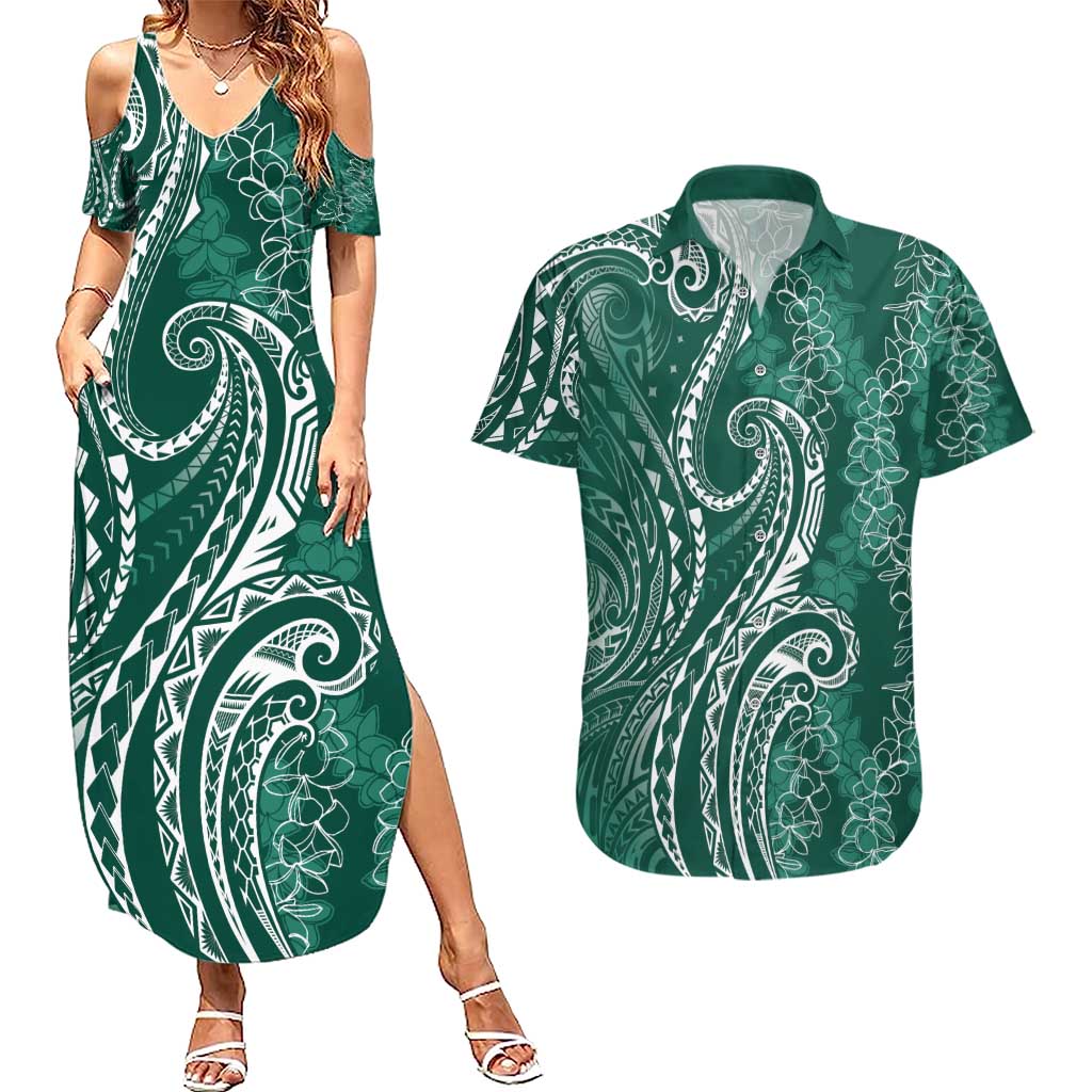 Polynesia Plumeria Lei Couples Matching Summer Maxi Dress and Hawaiian Shirt Sage Green Curves Motif LT7 Dark Green - Polynesian Pride