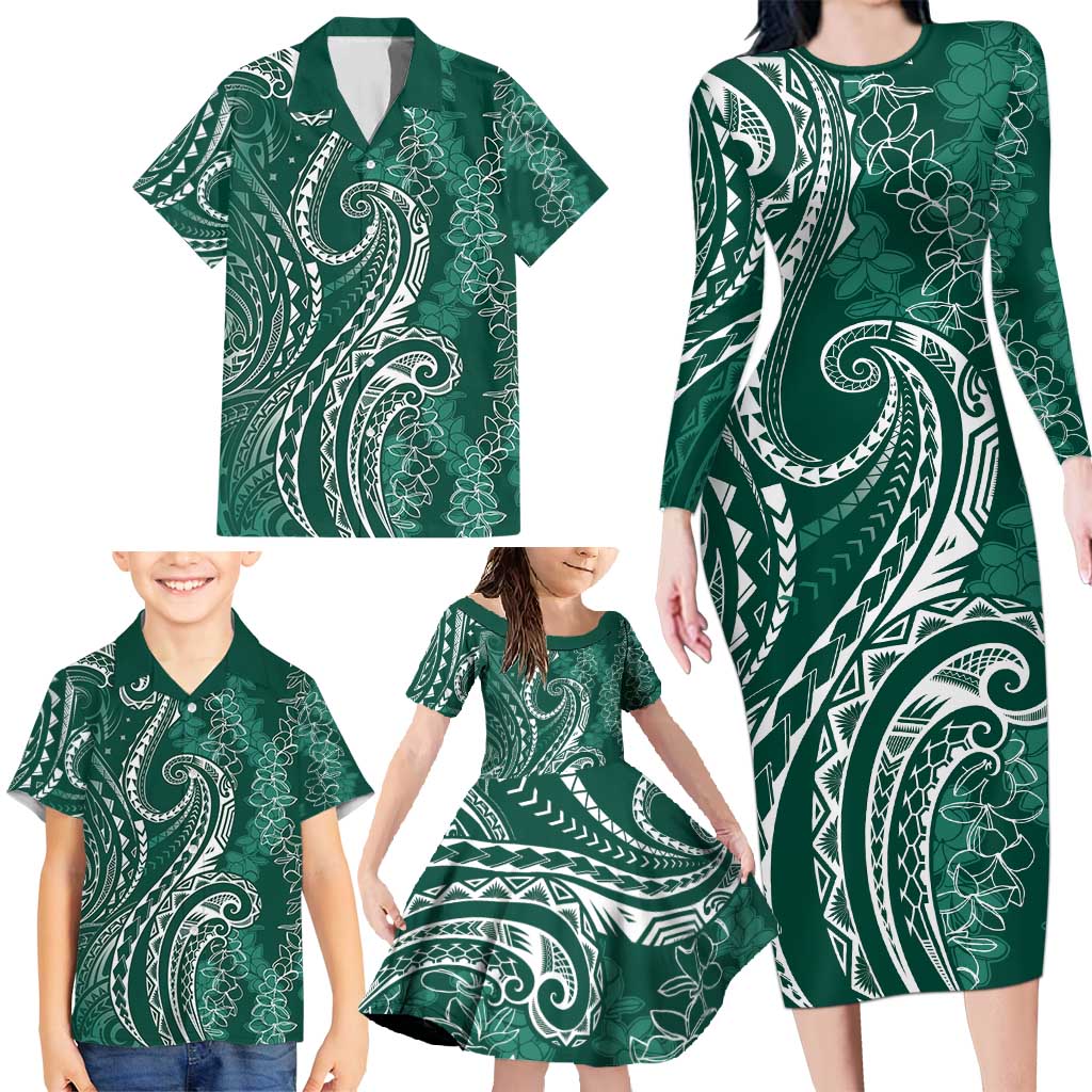Polynesia Plumeria Lei Family Matching Long Sleeve Bodycon Dress and Hawaiian Shirt Sage Green Curves Motif LT7 - Polynesian Pride