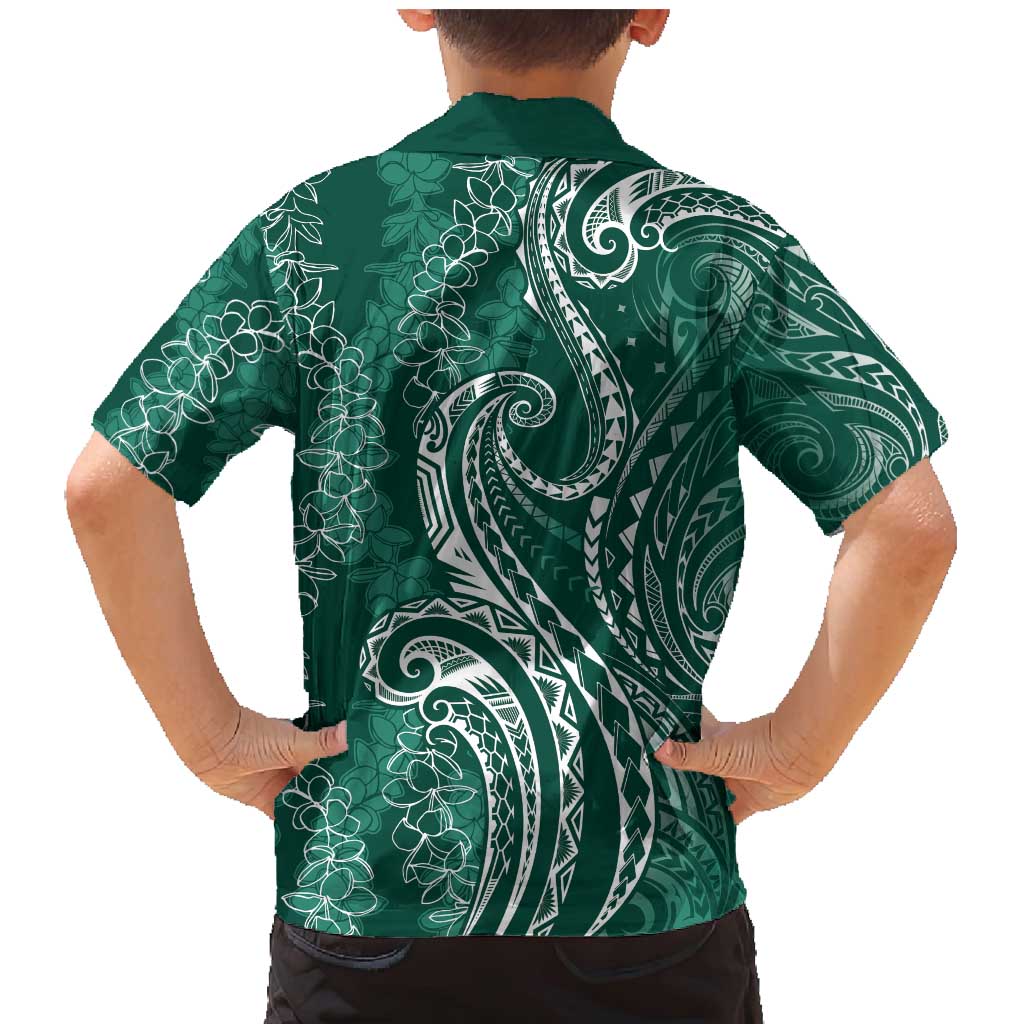 Polynesia Plumeria Lei Family Matching Mermaid Dress and Hawaiian Shirt Sage Green Curves Motif
