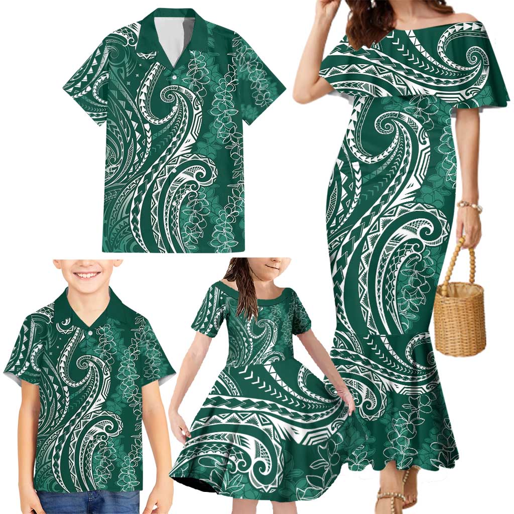 Polynesia Plumeria Lei Family Matching Mermaid Dress and Hawaiian Shirt Sage Green Curves Motif LT7 - Polynesian Pride