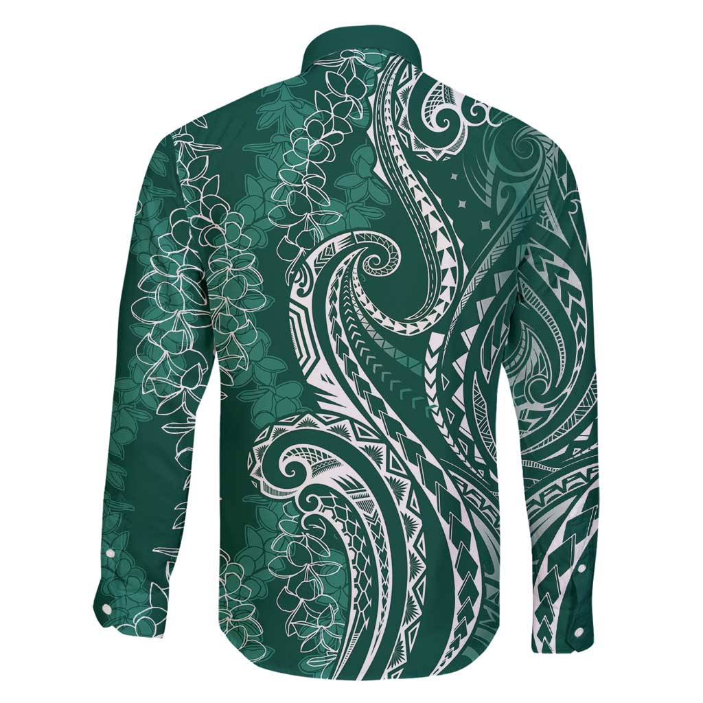 Polynesia Plumeria Lei Family Matching Mermaid Dress and Hawaiian Shirt Sage Green Curves Motif