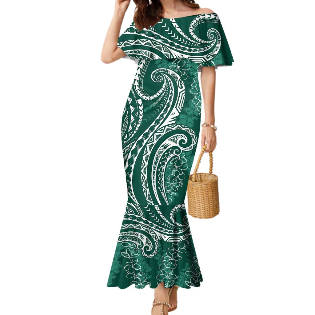 Polynesia Plumeria Lei Family Matching Mermaid Dress and Hawaiian Shirt Sage Green Curves Motif