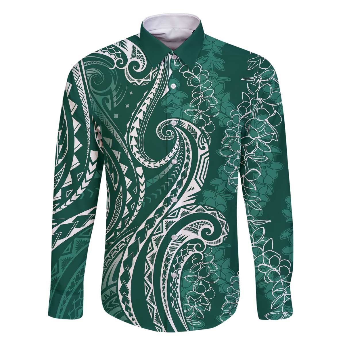 Polynesia Plumeria Lei Family Matching Off The Shoulder Long Sleeve Dress and Hawaiian Shirt Sage Green Curves Motif