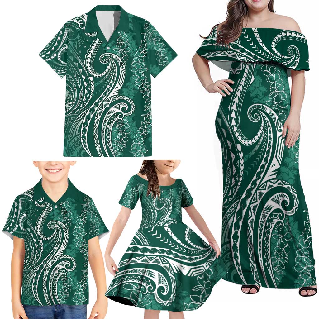 Polynesia Plumeria Lei Family Matching Off Shoulder Maxi Dress and Hawaiian Shirt Sage Green Curves Motif LT7 - Polynesian Pride