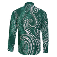 Polynesia Plumeria Lei Family Matching Off Shoulder Maxi Dress and Hawaiian Shirt Sage Green Curves Motif