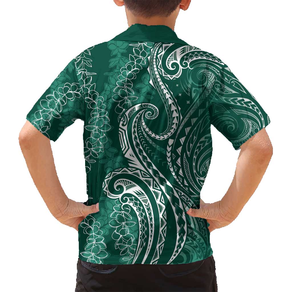 Polynesia Plumeria Lei Family Matching Off Shoulder Short Dress and Hawaiian Shirt Sage Green Curves Motif