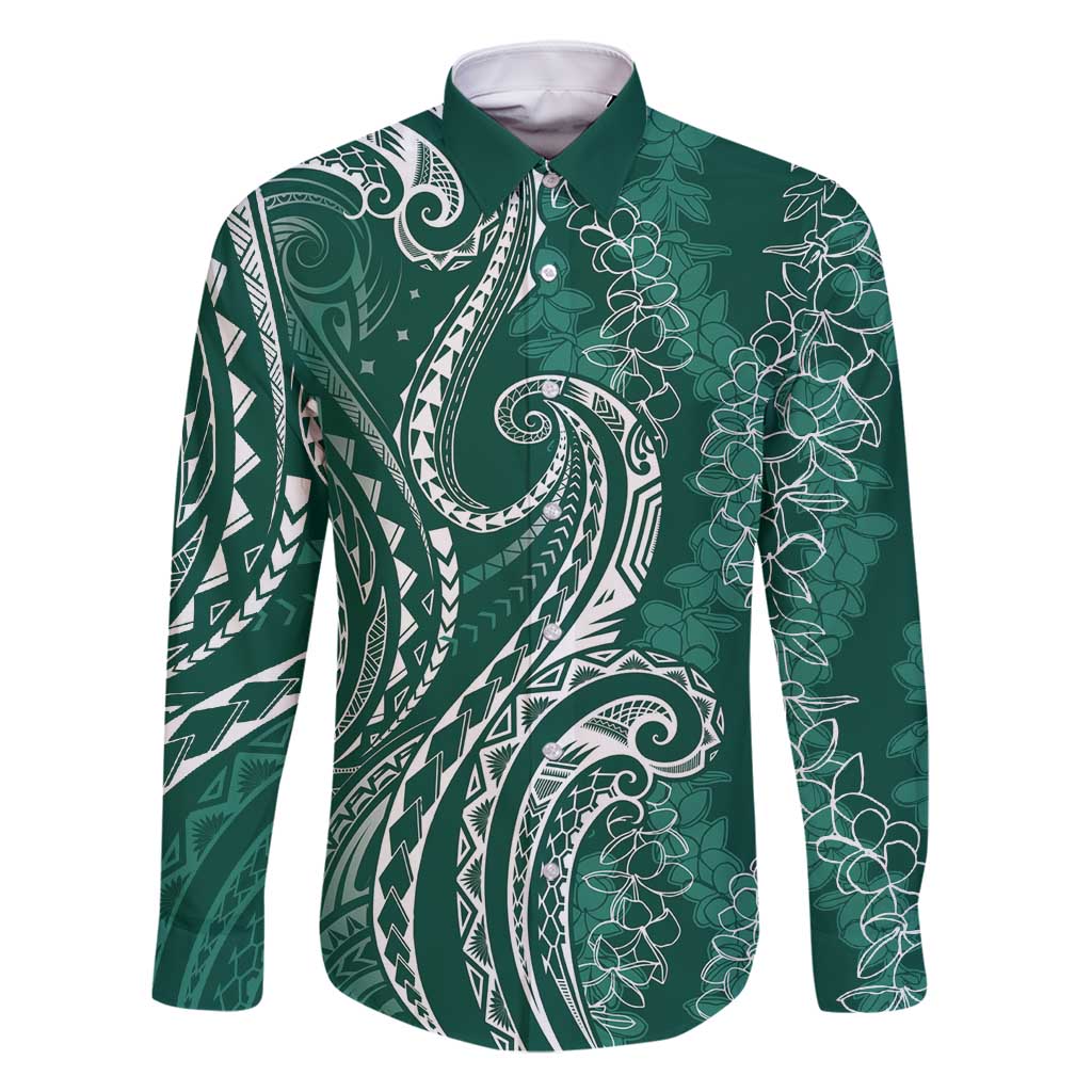 Polynesia Plumeria Lei Family Matching Off Shoulder Short Dress and Hawaiian Shirt Sage Green Curves Motif