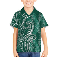 Polynesia Plumeria Lei Family Matching Off Shoulder Short Dress and Hawaiian Shirt Sage Green Curves Motif