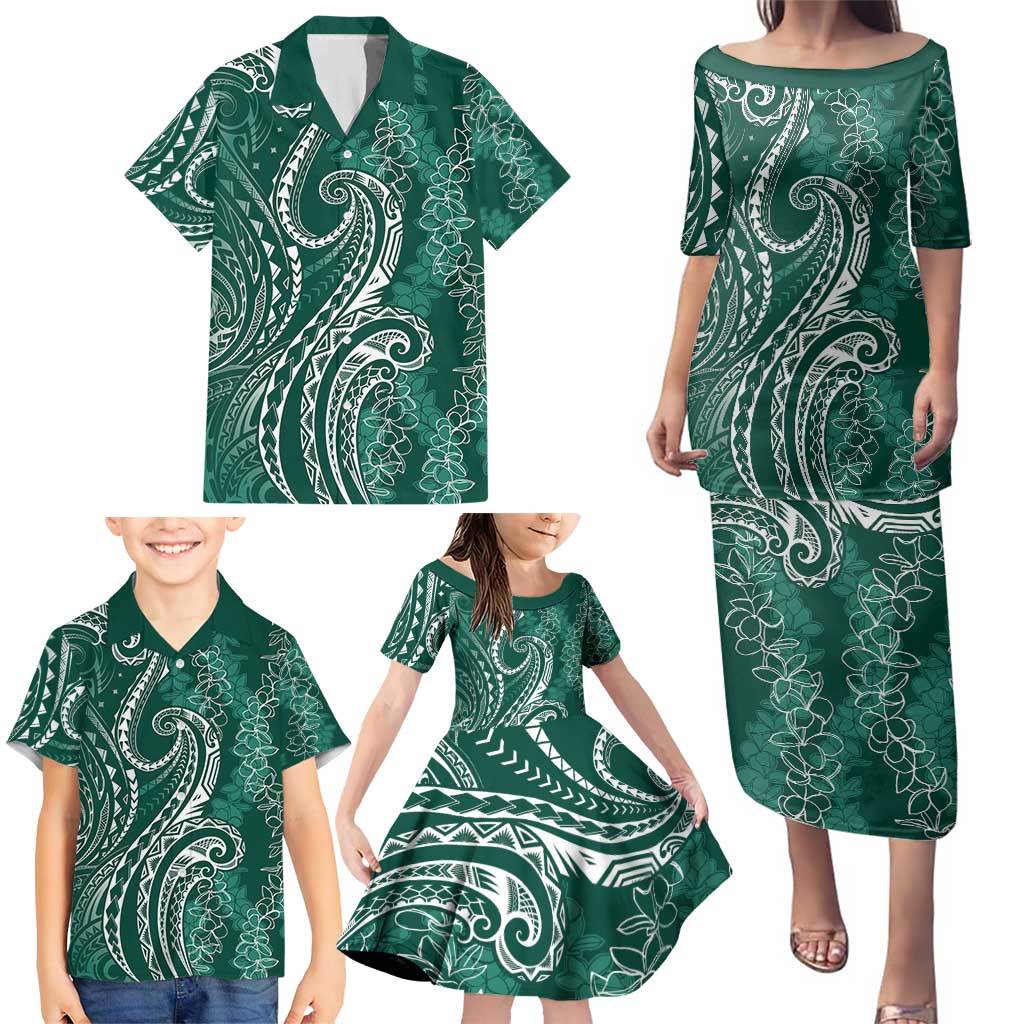 Polynesia Plumeria Lei Family Matching Puletasi and Hawaiian Shirt Sage Green Curves Motif