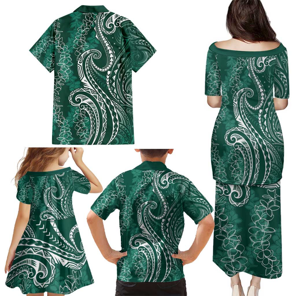 Polynesia Plumeria Lei Family Matching Puletasi and Hawaiian Shirt Sage Green Curves Motif