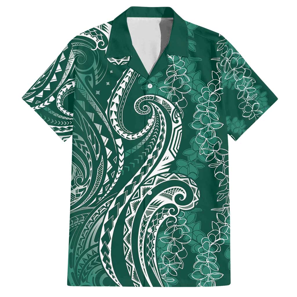Polynesia Plumeria Lei Family Matching Puletasi and Hawaiian Shirt Sage Green Curves Motif