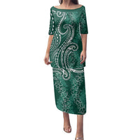 Polynesia Plumeria Lei Family Matching Puletasi and Hawaiian Shirt Sage Green Curves Motif