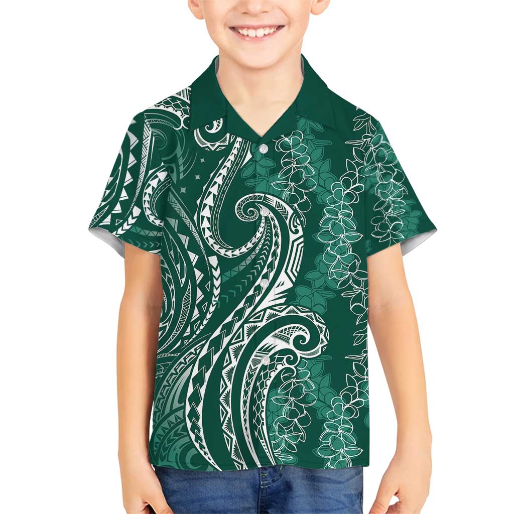 Polynesia Plumeria Lei Family Matching Puletasi and Hawaiian Shirt Sage Green Curves Motif