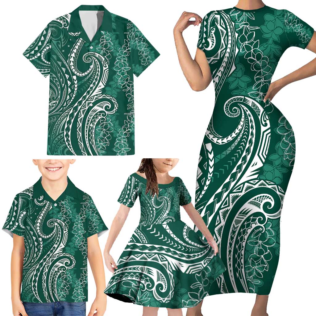 Polynesia Plumeria Lei Family Matching Short Sleeve Bodycon Dress and Hawaiian Shirt Sage Green Curves Motif LT7 - Polynesian Pride
