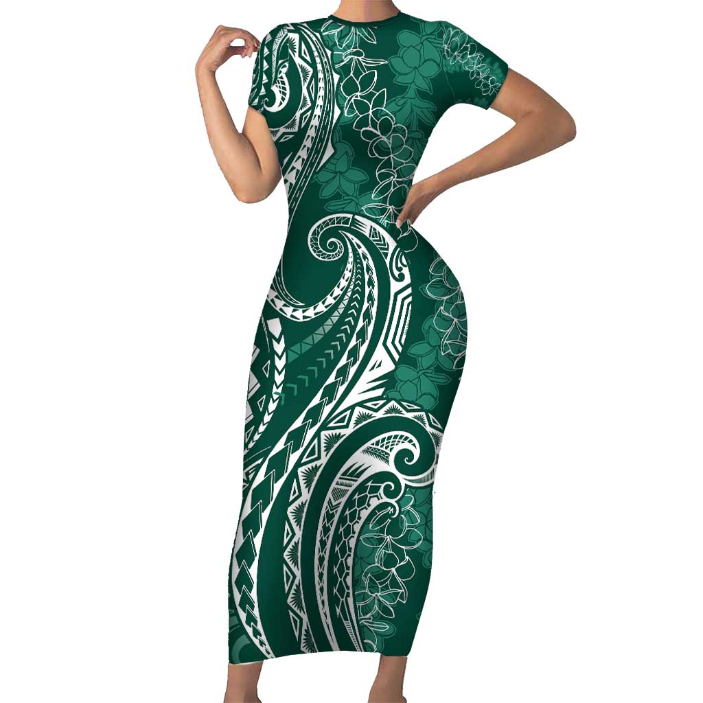 Polynesia Plumeria Lei Family Matching Short Sleeve Bodycon Dress and Hawaiian Shirt Sage Green Curves Motif