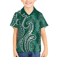 Polynesia Plumeria Lei Family Matching Short Sleeve Bodycon Dress and Hawaiian Shirt Sage Green Curves Motif