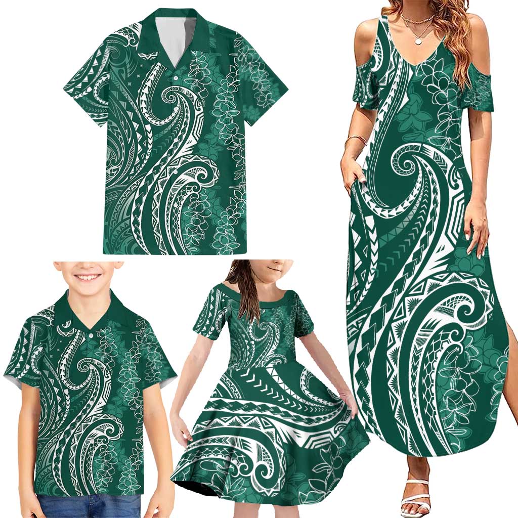 Polynesia Plumeria Lei Family Matching Summer Maxi Dress and Hawaiian Shirt Sage Green Curves Motif LT7 - Polynesian Pride