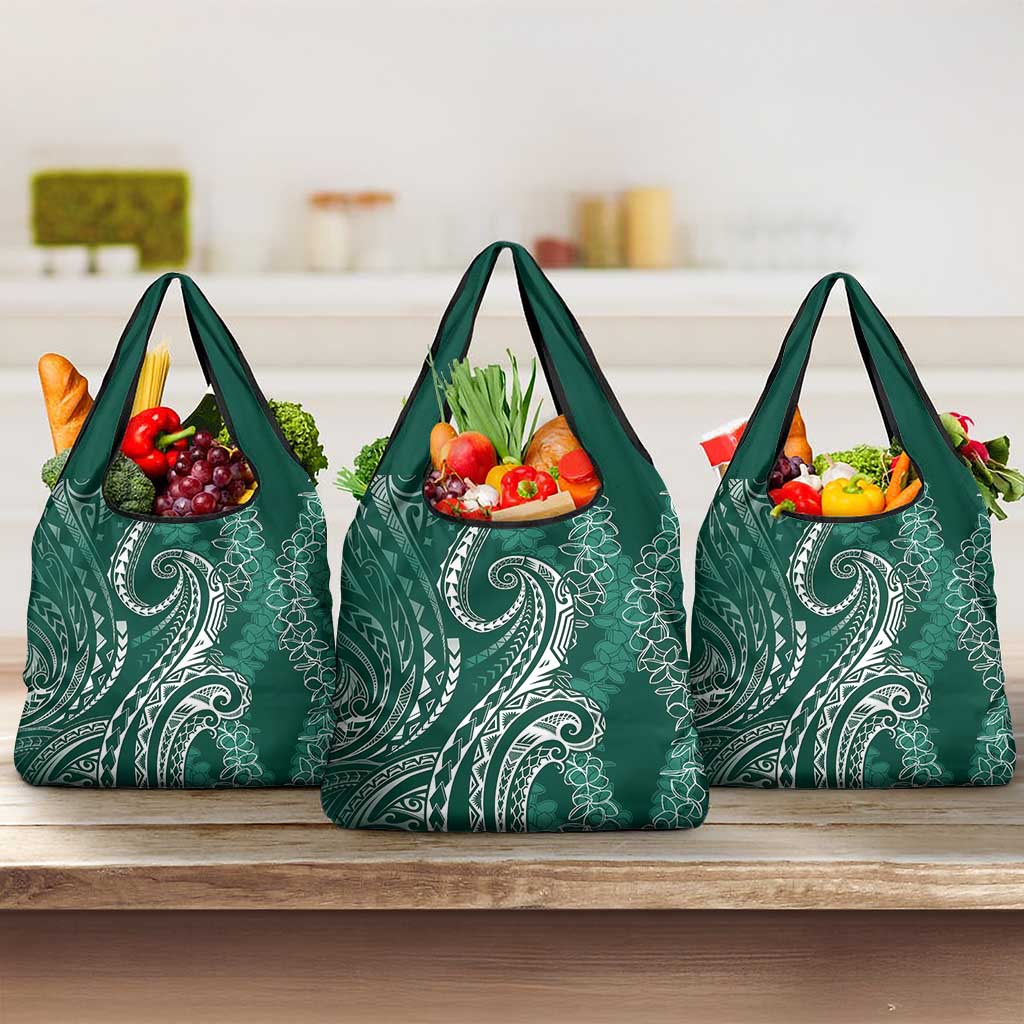 Polynesia Plumeria Lei Grocery Bag Sage Green Curves Motif LT7 3-pack One Size Dark Green - Polynesian Pride