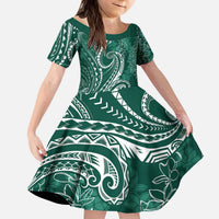 Polynesia Plumeria Lei Kid Short Sleeve Dress Sage Green Curves Motif LT7 KID Dark Green - Polynesian Pride