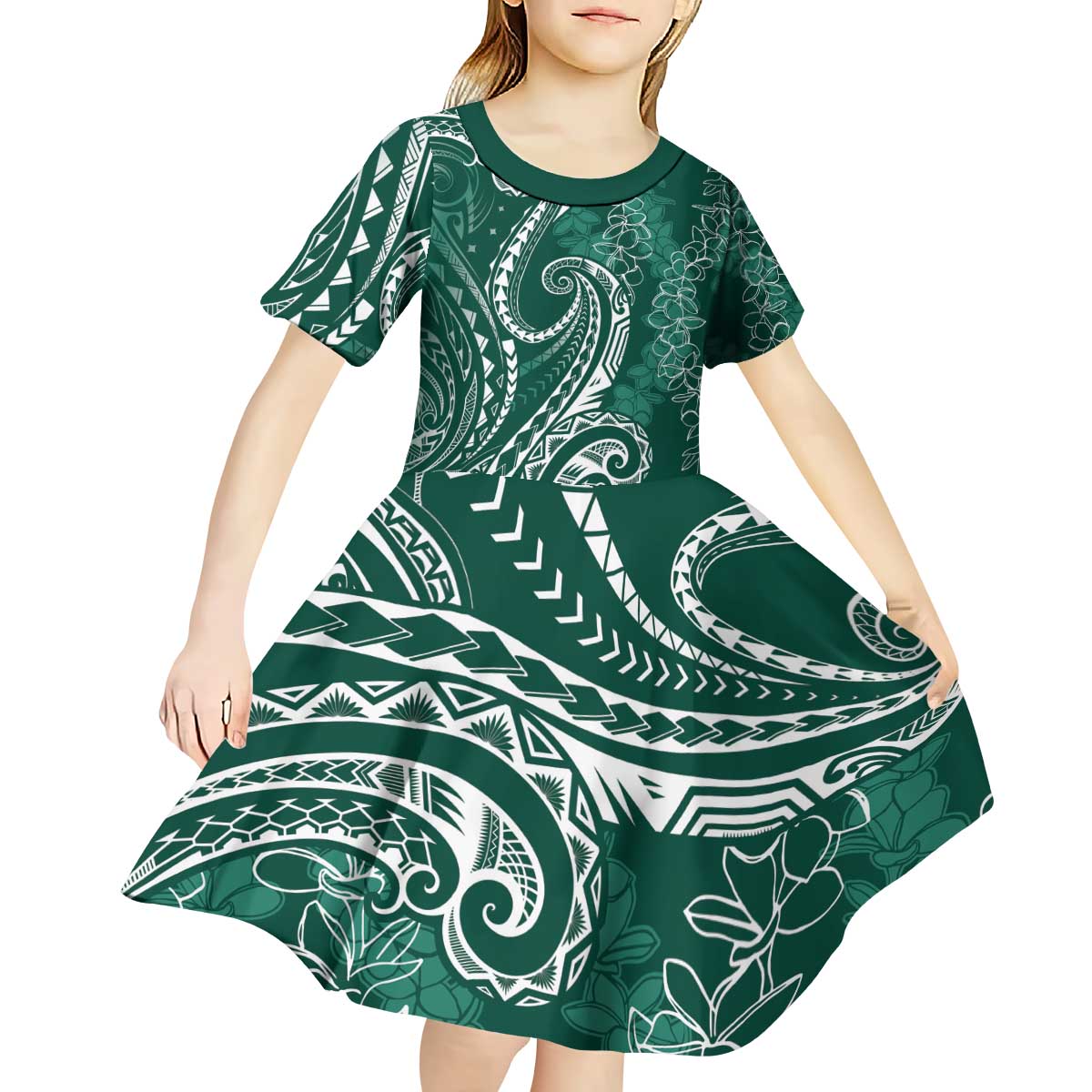 Polynesia Plumeria Lei Kid Short Sleeve Dress Sage Green Curves Motif LT7 - Polynesian Pride