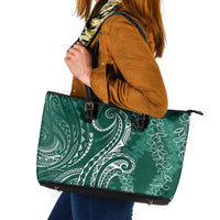 Polynesia Plumeria Lei Leather Tote Bag Sage Green Curves Motif