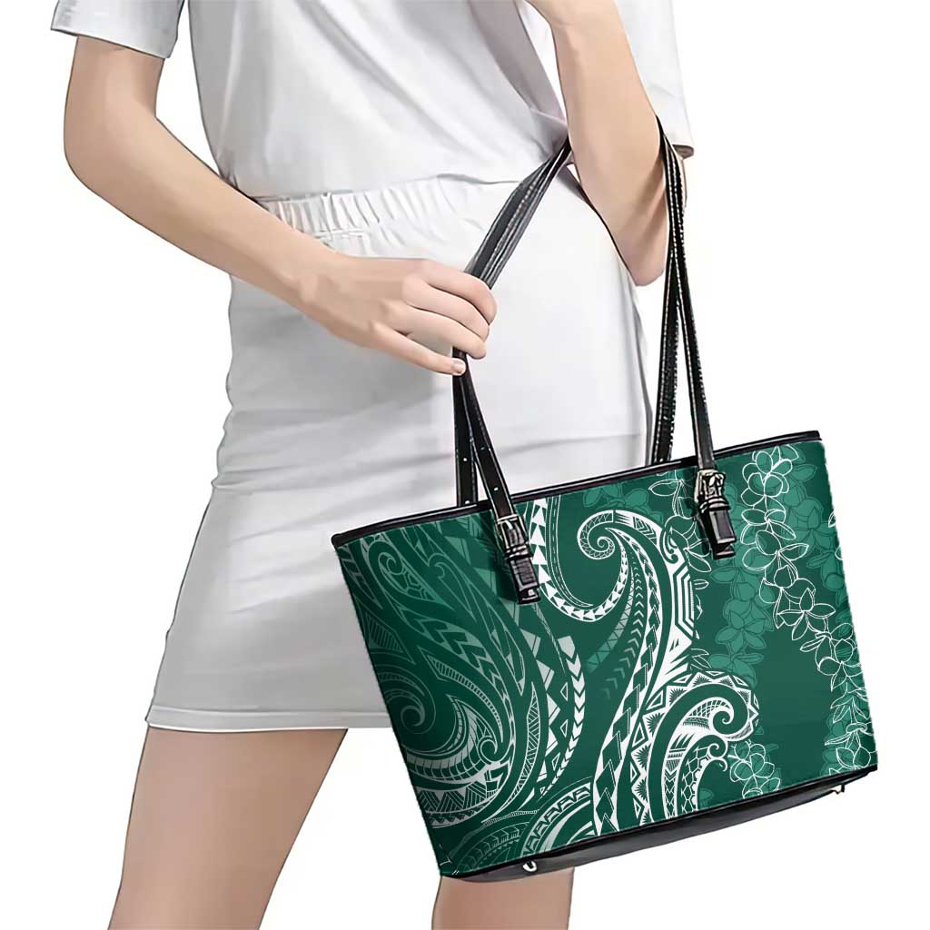 Polynesia Plumeria Lei Leather Tote Bag Sage Green Curves Motif