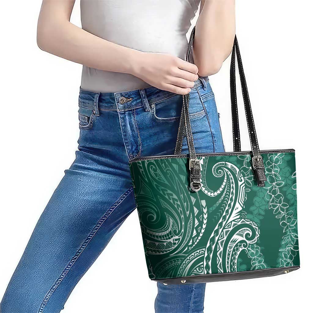 Polynesia Plumeria Lei Leather Tote Bag Sage Green Curves Motif