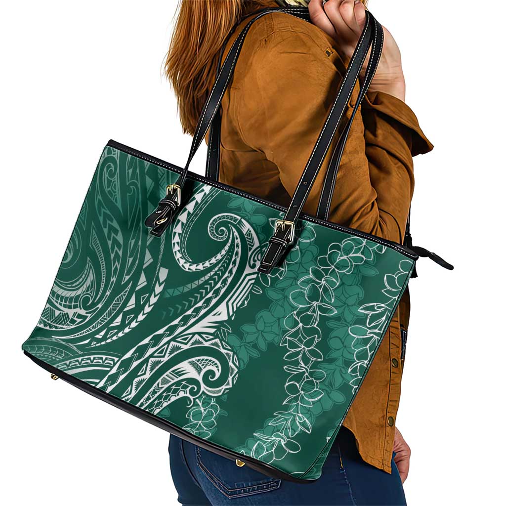 Polynesia Plumeria Lei Leather Tote Bag Sage Green Curves Motif