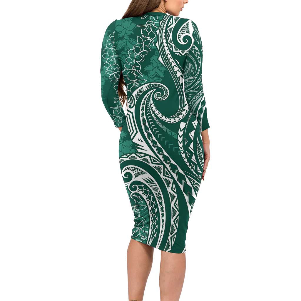 Polynesia Plumeria Lei Long Sleeve Bodycon Dress Sage Green Curves Motif