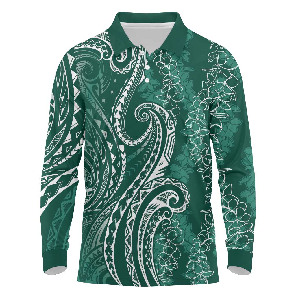 Polynesia Plumeria Lei Long Sleeve Polo Shirt Sage Green Curves Motif