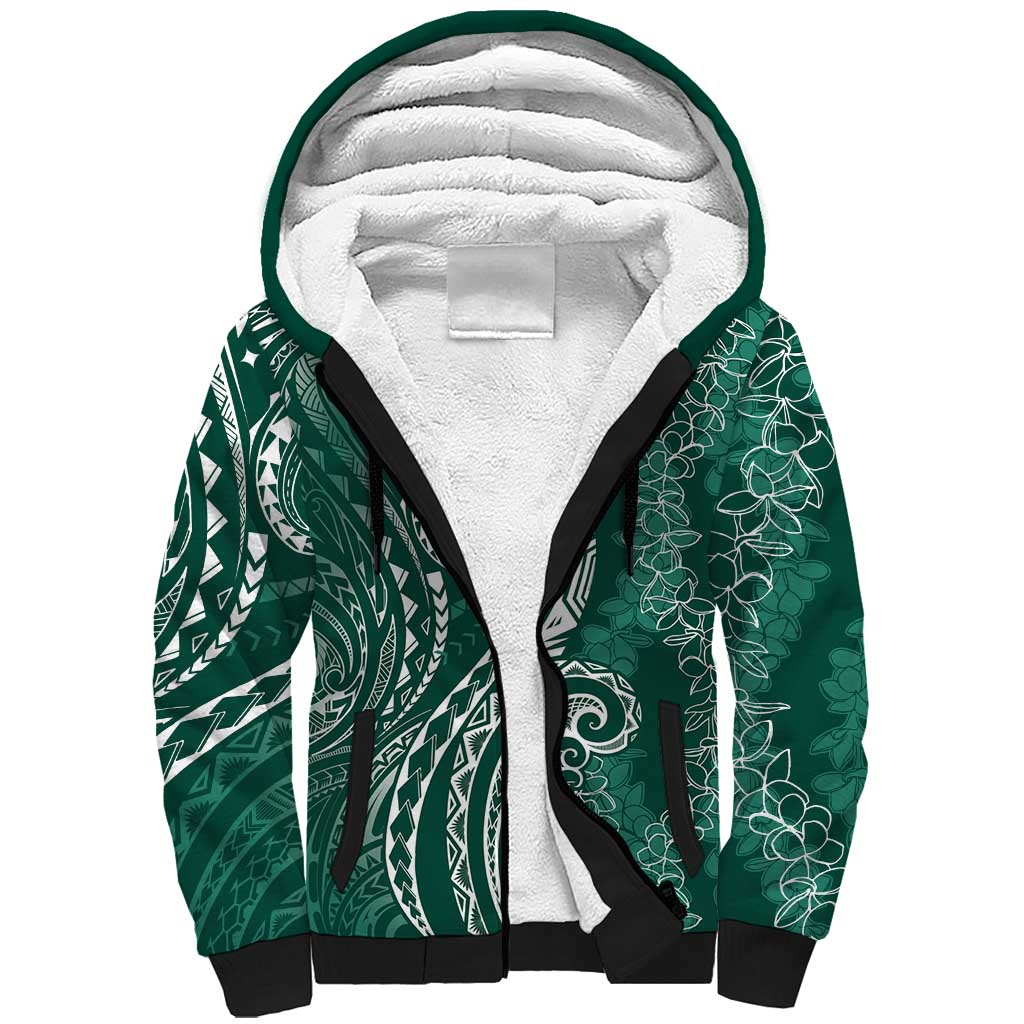 Polynesia Plumeria Lei Sherpa Hoodie Sage Green Curves Motif LT7 Unisex Dark Green - Polynesian Pride