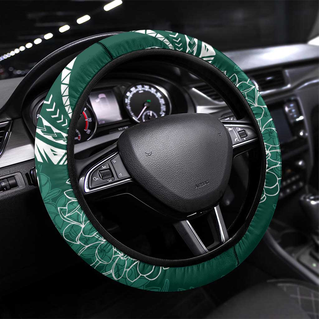 Polynesia Plumeria Lei Steering Wheel Cover Sage Green Curves Motif LT7 Universal Fit Dark Green - Polynesian Pride