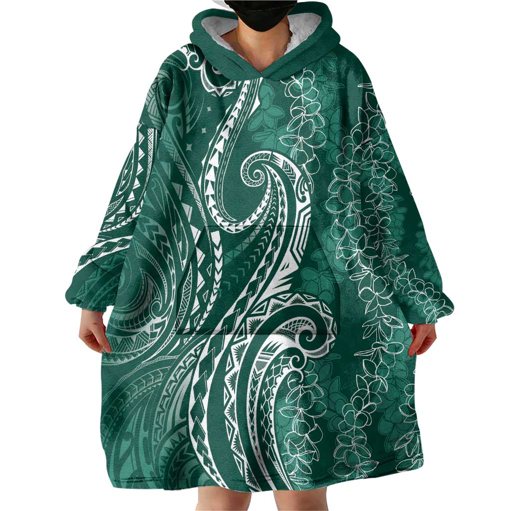 Polynesia Plumeria Lei Wearable Blanket Hoodie Sage Green Curves Motif LT7 - Polynesian Pride