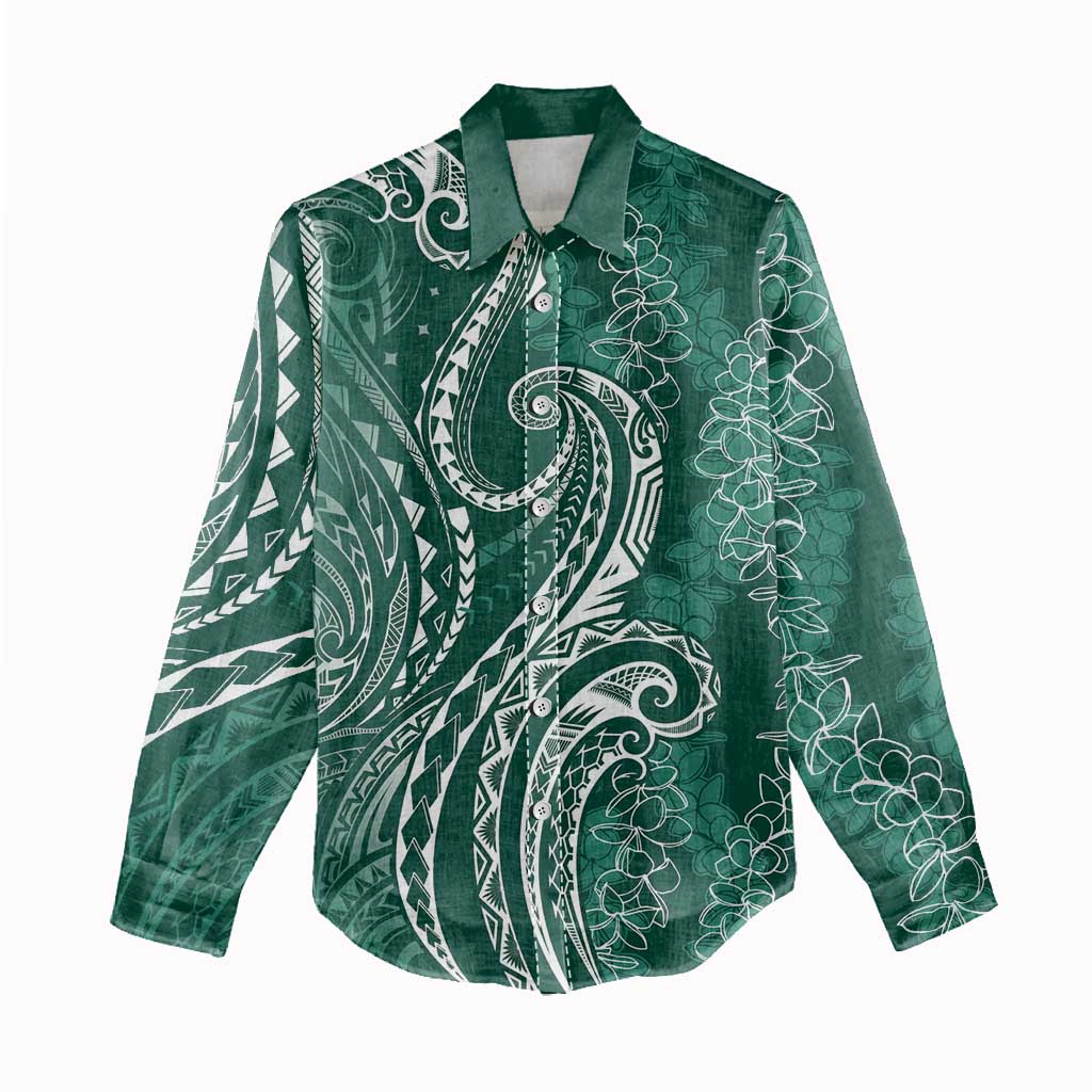 Polynesia Plumeria Lei Women Casual Shirt Sage Green Curves Motif