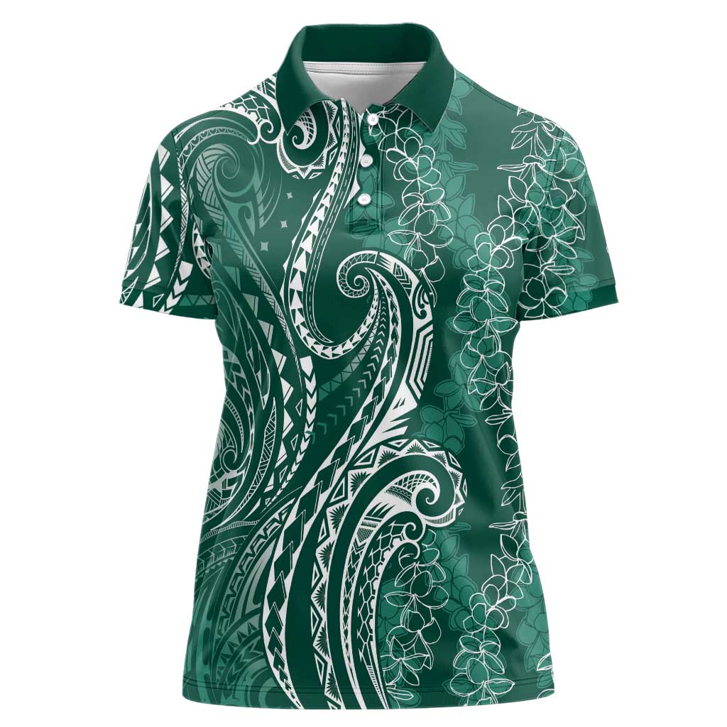 Polynesia Plumeria Lei Women Polo Shirt Sage Green Curves Motif