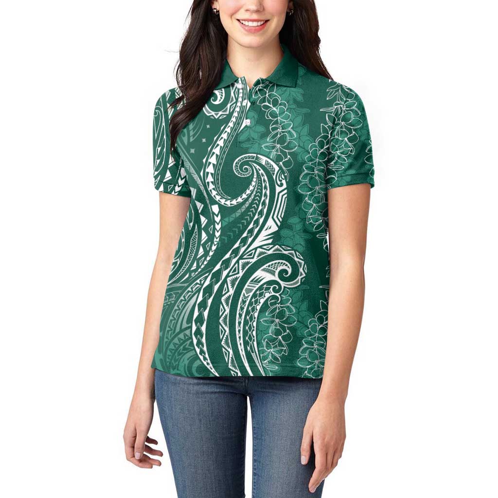 Polynesia Plumeria Lei Women Polo Shirt Sage Green Curves Motif