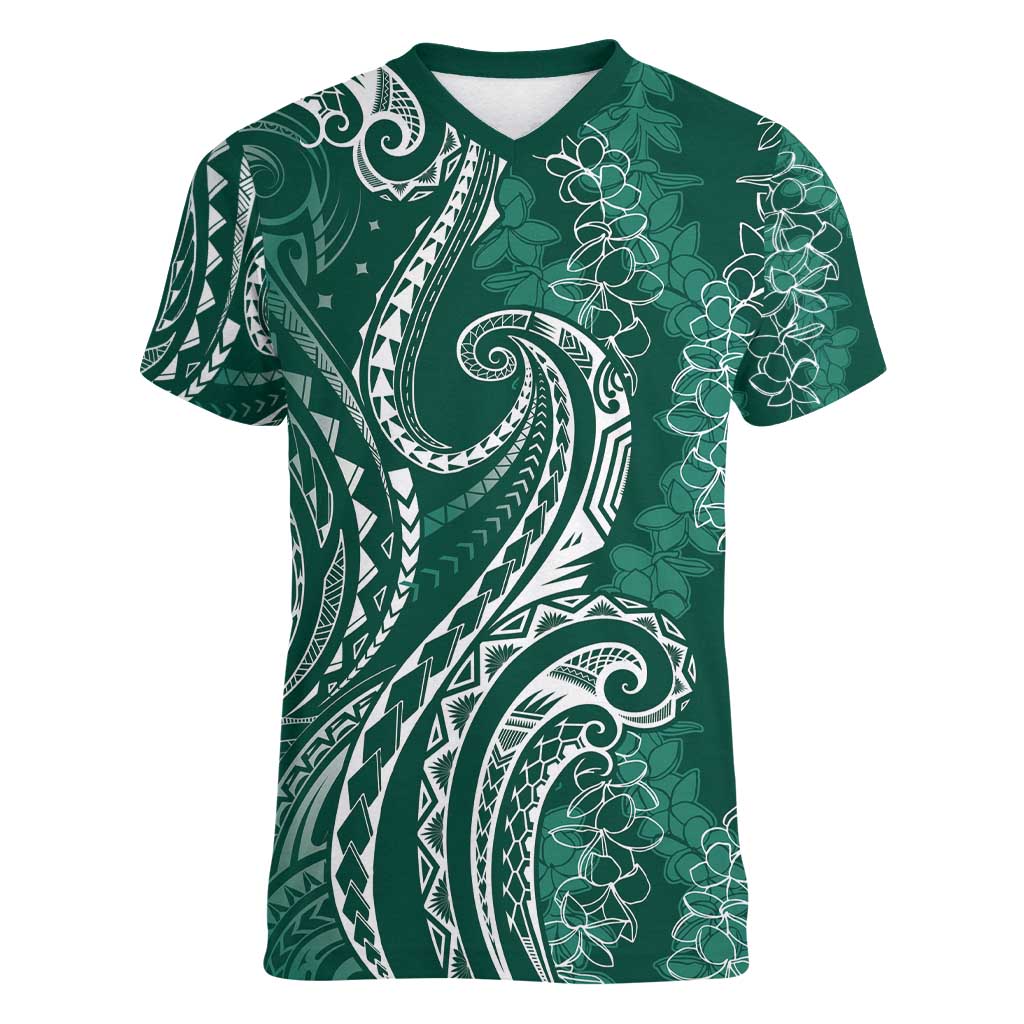 Polynesia Plumeria Lei Women V-Neck T-Shirt Sage Green Curves Motif