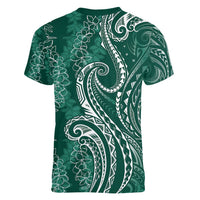 Polynesia Plumeria Lei Women V-Neck T-Shirt Sage Green Curves Motif