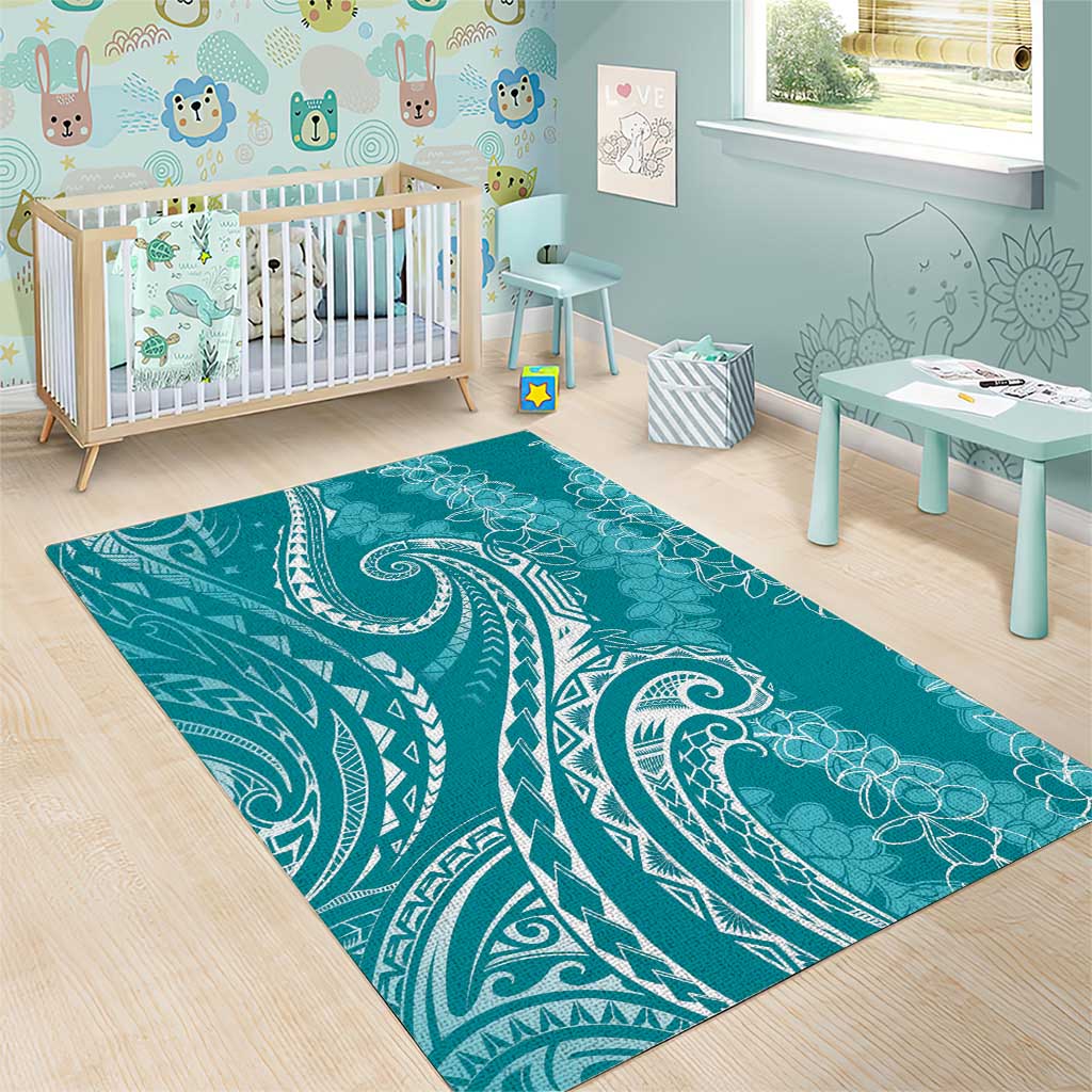 Polynesia Plumeria Lei Area Rug Teal Curves Motif